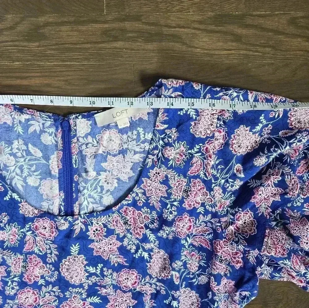 LOFT Floral Print Blue mini dress feminine puff short sleeve  sz 14 - Picture 8 of 10